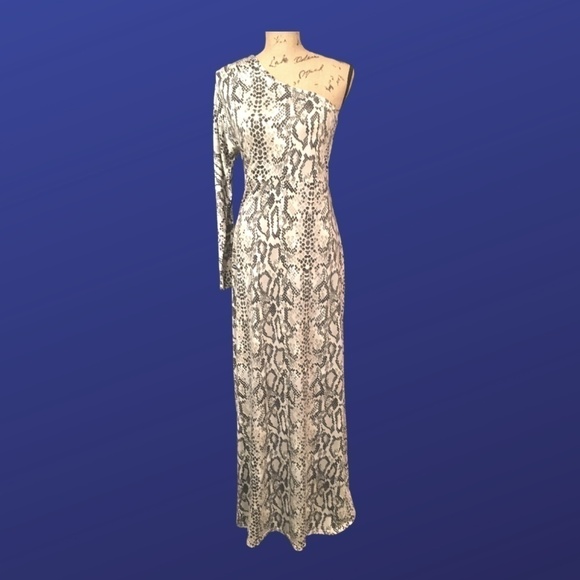 South One-Arm Long Sleeve MAXI Dress Gown, GRAY/WHITE REPTILE, US Size 14, NWOT